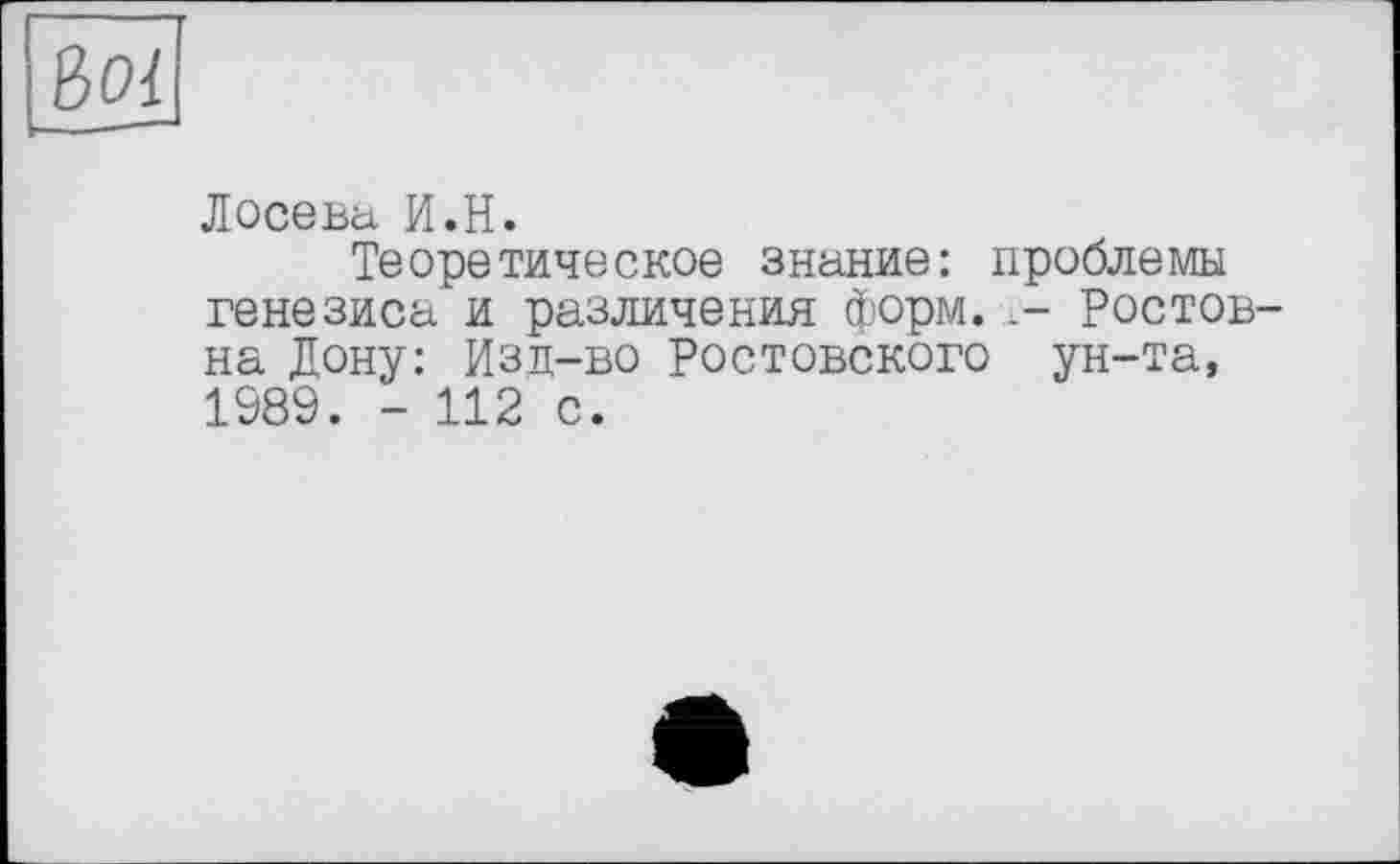 ﻿Лосева И.H.
Теоретическое знание: проблемы генезиса и различения форм. >- Ростов на Дону: Изд-во Ростовского ун-та, 1989. - 112 с.